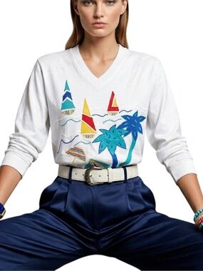 Vtg 80s pure cotton white sailboat vacation applique v neck sports sweatshirt